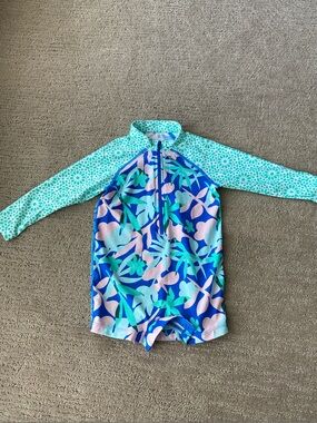 Coolibar Girls Blue, Aqua & Pink Long-Sleeve Rashguard One-Piece